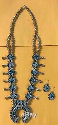 Vtg 50s ZUNI Sterling Silver & Turquoise/Coral SQUASH BLOSSOM Necklace & Earring