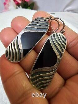 Vtg 925 Sterling Hook Earrings with Onyx Large 2.25 solid 14oz- B5