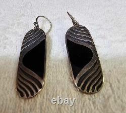 Vtg 925 Sterling Hook Earrings with Onyx Large 2.25 solid 14oz- B5