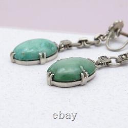 Vtg Art Deco Natural Turquoise Marcasite Sterling Silver Dangle Drop Earrings