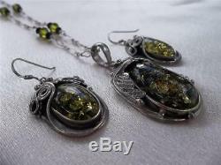 Vtg Art Nouveau Sterling Silver Green Baltic Amber Floral Necklace Earrings Set