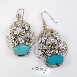 Vtg Chinese Export Dragon Foo Dog Sterling Silver Blue Turquoise Earrings LFJ4