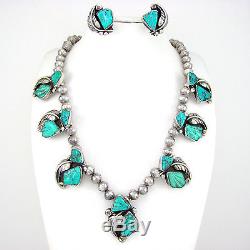 Vtg Cochiti FELICITA EUSTACE Sterling Carved Turquoise Necklace Earrings Set G