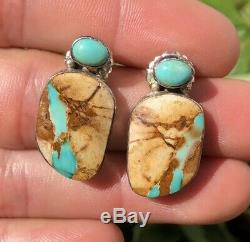 Vtg Darryl Becenti Navajo Sterling Silver Ribbon Boulder Turquoise Post Earrings