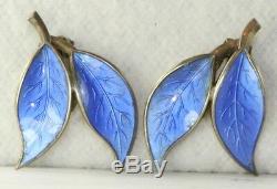 Vtg Denmark Sterling Silver David Andersen Blue Enamel Double Leaf Clip Earrings