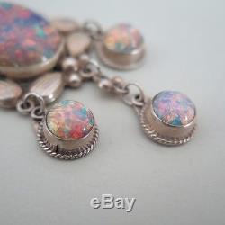 Vtg Early Mexican Sterling Silver Fiery Opal Foil Glass Necklace Earrings Set