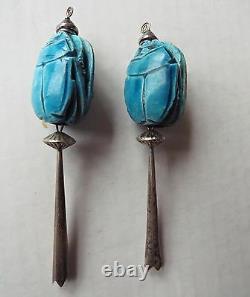 Vtg Egyptian Revival Sterling Silver Blue Glazed Faience Scarab Clip Earrings