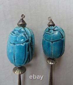 Vtg Egyptian Revival Sterling Silver Blue Glazed Faience Scarab Clip Earrings