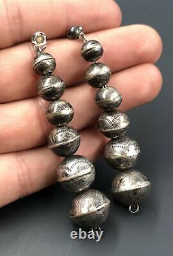 Vtg Fred Harvey Navajo Sterling Silver Stamped Bench Bead Pearls Dangle Earrings