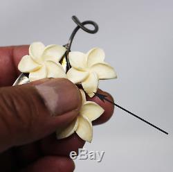Vtg Hawaiian Sterling Silver & Carved Plumeria Pin + Earrings Mings Gumps Tiki