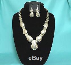 Vtg Hopi SET 925 Sterling Silver CORN STAMP Pillow Bead NECKLACE AND EARRINGS