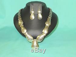 Vtg Hopi SET 925 Sterling Silver CORN STAMP Pillow Bead NECKLACE AND EARRINGS