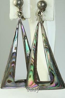 Vtg Iguala Mexican Sterling Silver Abalone Shell Tall Rectangle Hoop Earrings