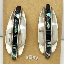Vtg Inlay Onyx Fire Opal Earrings Zuni Sterling Silver Signed 14.1g NM Estate