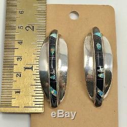 Vtg Inlay Onyx Fire Opal Earrings Zuni Sterling Silver Signed 14.1g NM Estate