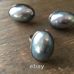 Vtg Large Mabe Pearl Grey Blue Dome Sterling Silver Or Plate Earrings Ring Set