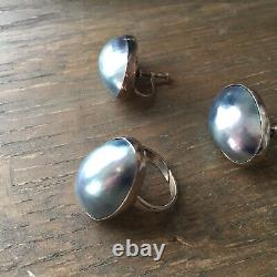Vtg Large Mabe Pearl Grey Blue Dome Sterling Silver Or Plate Earrings Ring Set