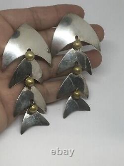Vtg. Large Taxco Mexico Sterling Silver and Brass Fish Skeleton Earrings TR-70