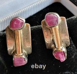 Vtg Lilly Barrack Modernist Gold Sterling Silver + Ruby or Rhodonite Earrings