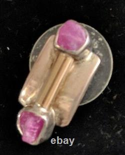 Vtg Lilly Barrack Modernist Gold Sterling Silver + Ruby or Rhodonite Earrings