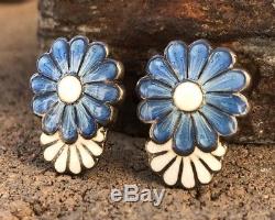 Vtg Margot De Taxco Mexico Sterling Blue & White Enamel Daisy Flower Earrings