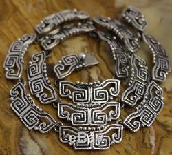 Vtg Margot De Taxco Mexico Sterling Silver Deco-Tribal Necklace Earrings TAXCO