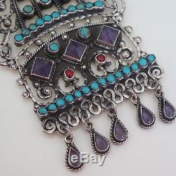 Vtg Mexican Sterling Silver Amethyst Turquoise Coral Necklace Earrings 96g Set