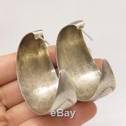 Vtg Mexico 925 Sterling Silver Wide Handmade Hoop Earrings