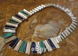 Vtg Mexico Sterling Lapis Malachite Chevron Link Necklace Earrings 173 Grm TAXCO