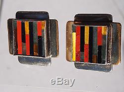 Vtg Mid Century Pietra Dura Mosaic Square Abstract Brutalist Sterling Earrings