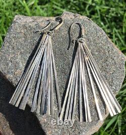 Vtg Modernist Mid Century Sterling Silver Studio Fan Artisan Long Dangle Earring