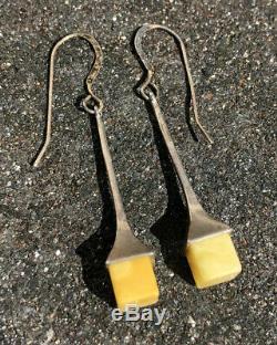 Vtg Modernist Sterling Silver Baltic Butterscotch Egg Yolk Amber Cube Earrings