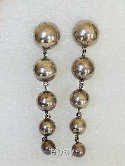 Vtg Modernist Taxco Mexico Sterling Silver Graduated Ball Long Dangle Earrings