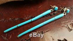 Vtg. NAVAJO 2.5 Turquoise Inlay Sterling Silver Dangle Post Stick EARRINGS