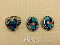 Vtg N. A. Zuni Sterling Silver Turquoise Coral Inlay Ring Earrings SetFree Ship