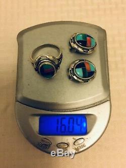Vtg N. A. Zuni Sterling Silver Turquoise Coral Inlay Ring Earrings SetFree Ship