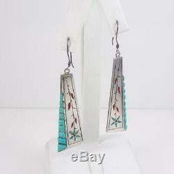 Vtg Native American Sterling Silver Blue Turquoise Coral Dangle Earrings LFL4