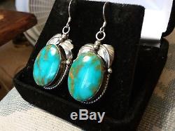 Vtg Navajo Electric Blue Gem Turquoise Sterling Silver Earrings