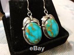 Vtg Navajo Electric Blue Gem Turquoise Sterling Silver Earrings