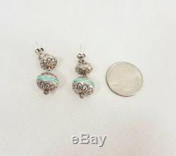 Vtg Navajo Graduated Hand Stamped SOLID Sterling Silver Pearl Turquoise Earrings