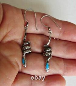 Vtg Navajo Native American Sterling Silver Turquoise Snake Dangle Drop Earrings