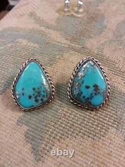 Vtg Navajo Sparkling Pyrite Morenci Turquoise Sterling Silver Earrings