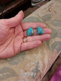 Vtg Navajo Sparkling Pyrite Morenci Turquoise Sterling Silver Earrings
