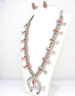 Vtg Navajo Sterling Silver Coral Squash Blossom Naja Necklace Earrings Set G