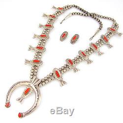 Vtg Navajo Sterling Silver Coral Squash Blossom Naja Necklace Earrings Set G