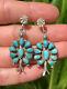 Vtg Navajo Sterling Silver Petit Point Cluster Turquoise Squash Blossom Earrings