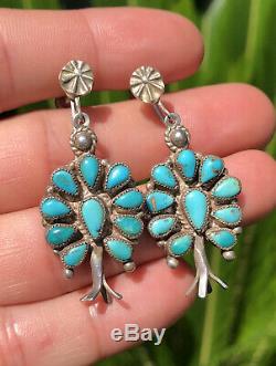 Vtg Navajo Sterling Silver Petit Point Cluster Turquoise Squash Blossom Earrings