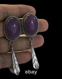 Vtg Navajo Thomas Tso Purple sugilite Earrings Feather Sterling Silver Signed TT