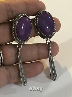 Vtg Navajo Thomas Tso Purple sugilite Earrings Feather Sterling Silver Signed TT