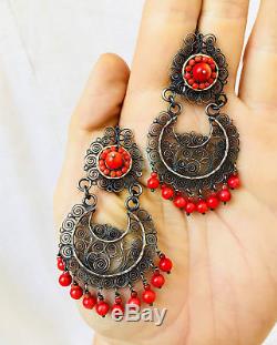 Vtg Oaxacan Filigree & Coral Earrings. Sterling Silver. Mexico. Frida Kahlo